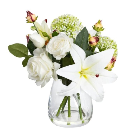 Glamorous Fusion Peony & White Lily 35cm Artificial Plant Flower Arrangement Decorative In Glass