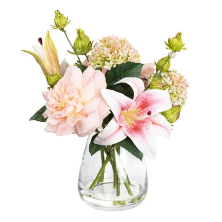 Glamorous Fusion Peony & Pink Lily 35cm Artificial Plant Flower Arrangement Decorative In Glass