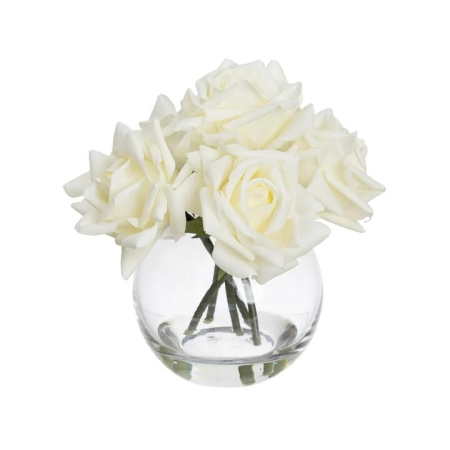 Glamorous Fusion Real Touch White Rose 21cm Artificial Plant Flower Arrangement Decorative In Fishbowl Vase