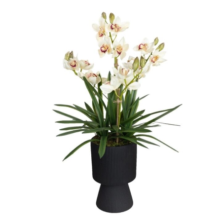 Glamorous Fusion Cream Cymbidium 90cm Artificial Plant Flower Arrangement Decorative In Ripple Pot