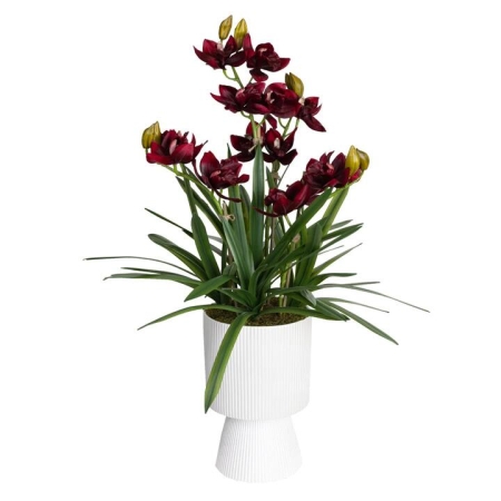 Glamorous Fusion Wine Cymbidium Artificial Plant Flower Arrangement Decorative In Ripple Pot