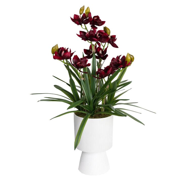 Glamorous Fusion Wine Cymbidium Artificial Plant Flower Arrangement Decorative In Ripple Pot