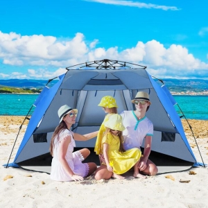 CostwayUPF 50+ Pop-up Beach Tent with Zipper Door and Mesh Windows for 3-4 Persons -Blue