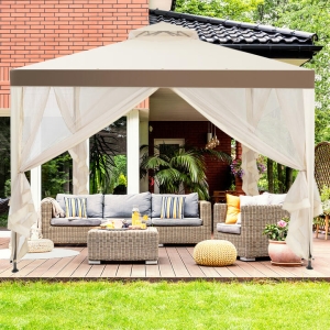 Costway3M X 3M Outdoor Canopy Gazebo with Mosquito Netting for Garden & Lawn-Beige