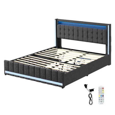 Levede King Bed Frame Fabric Storage Drawer LED USB