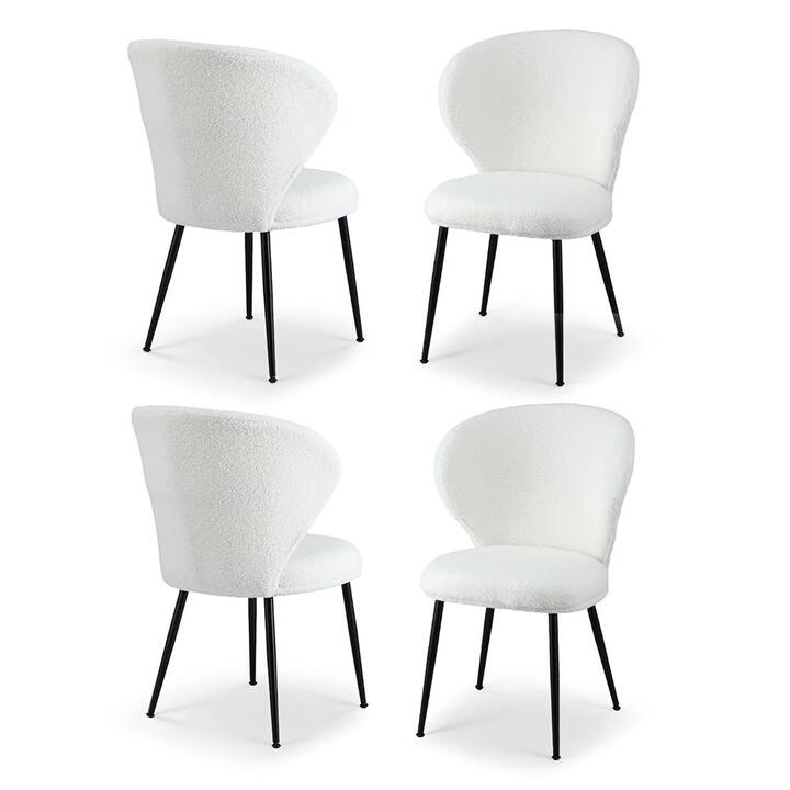 4x Dining Chairs Sherpa Boucle Wing Back White