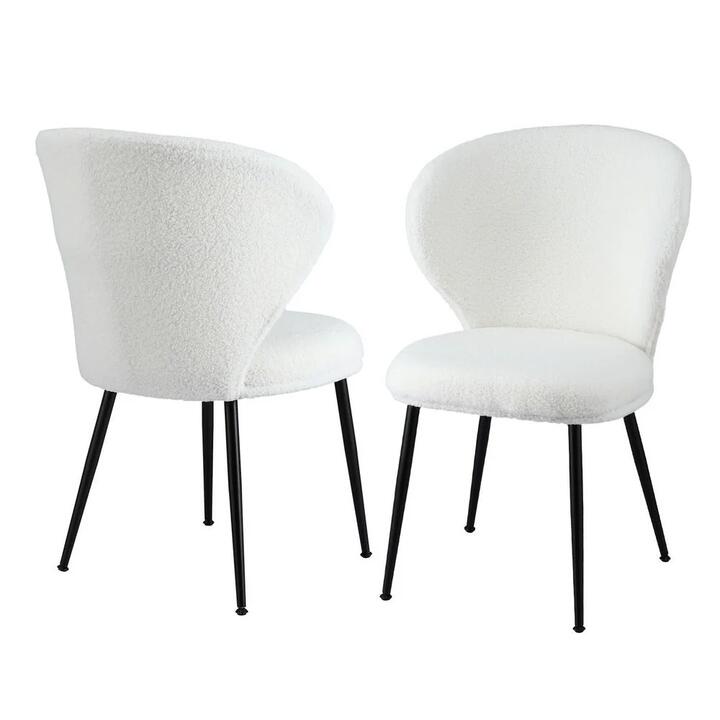 2x Dining Chairs Sherpa Boucle Wing Back White