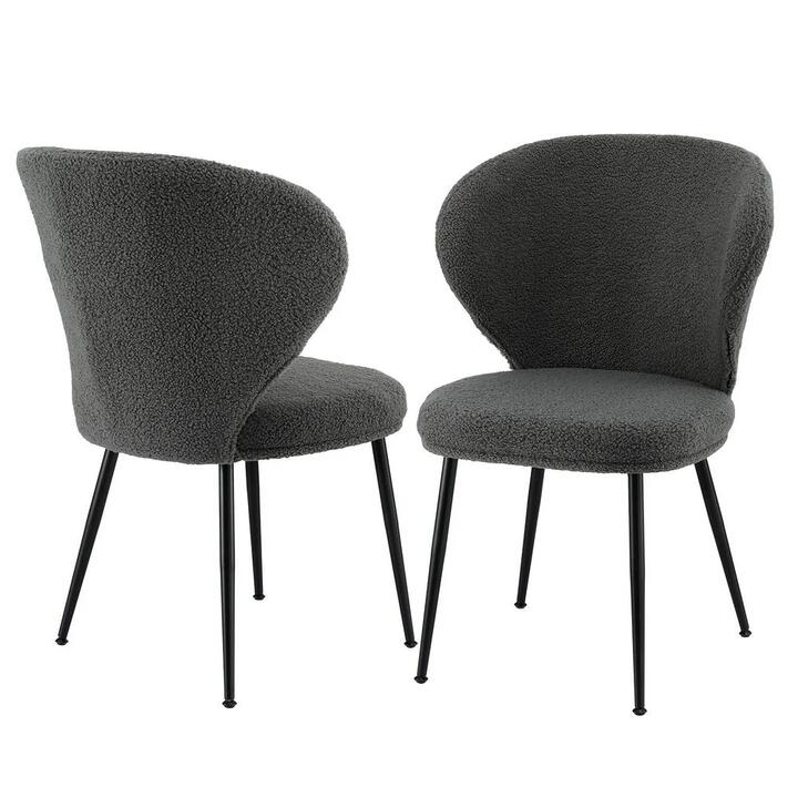 2x Dining Chairs Sherpa Boucle Wing Back Grey