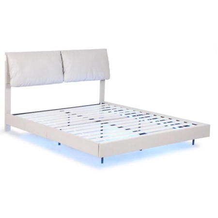 Queen Bed Frame RGB LED Floating Beds Adjustable Headboard Beige White