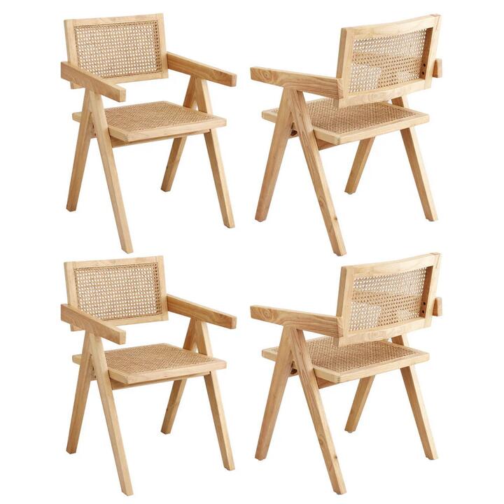 4x Dining Chairs Wooden Rattan Seat Rubber Wood Frame