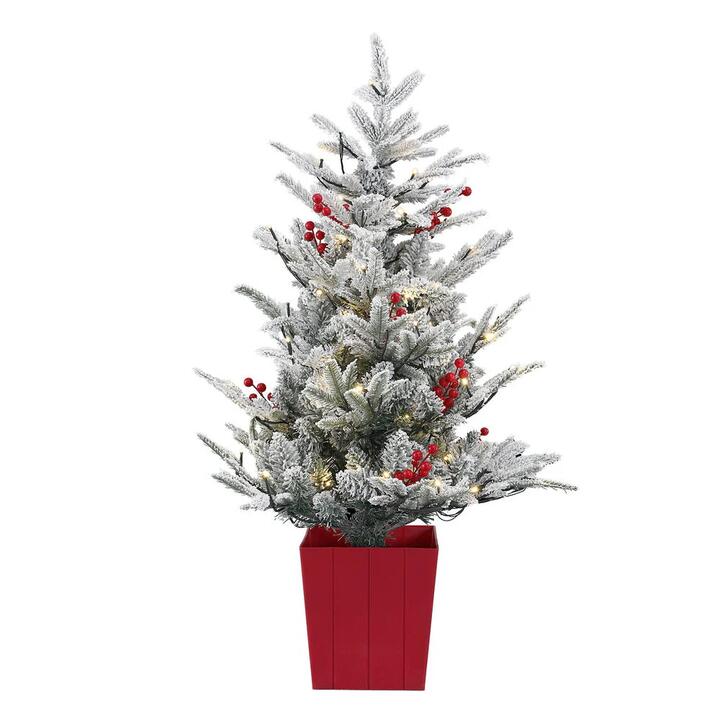 Christmas Tree 1M LED Potted Xmas Party Decor Red Barries Flocked