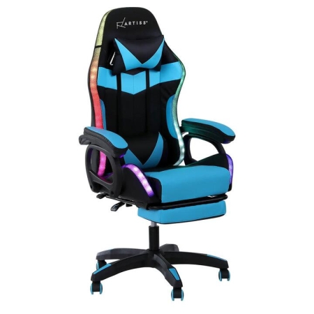 Gaming Office Chair 12 RGB LED Massage Computer Work Seat Footrest Cyan