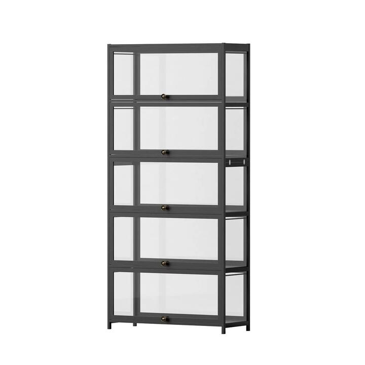5-Tier Display Cabinet Storage Bookshelf Clear Shelf Black