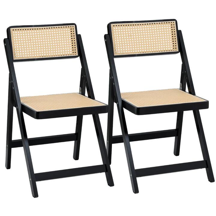 2x Dining Chairs Wooden Rattan Foldable Black