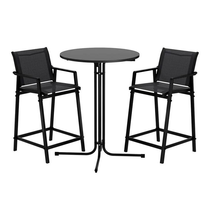 3PC Outdoor Bar Set Stools Dining Chairs Table Patio Furniture Bistro Set Steel Black