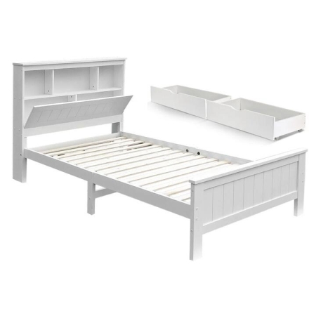 Bed Frame King Single Size Wooden with 2 Storage Drawers White