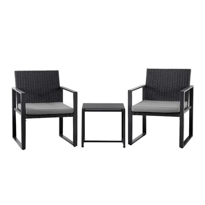 3PC Outdoor Bistro Set Patio Furniture Wicker Dining Chairs Table Cushion Black