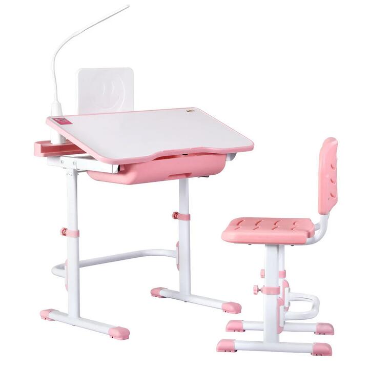 Kids Table and Chair Set Adjustable Study Desk w/ LED Lamp Reading Pink
