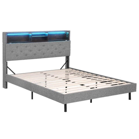 Bed Frame Double Size LED Mattress Base Platform with Storage Shelf Hidden Storage Box Grey