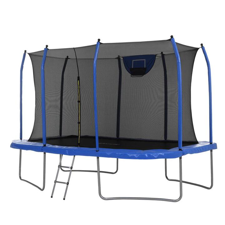 12FT Trampoline Kids Rectangle Rebounder with Basketball Set Safety Net