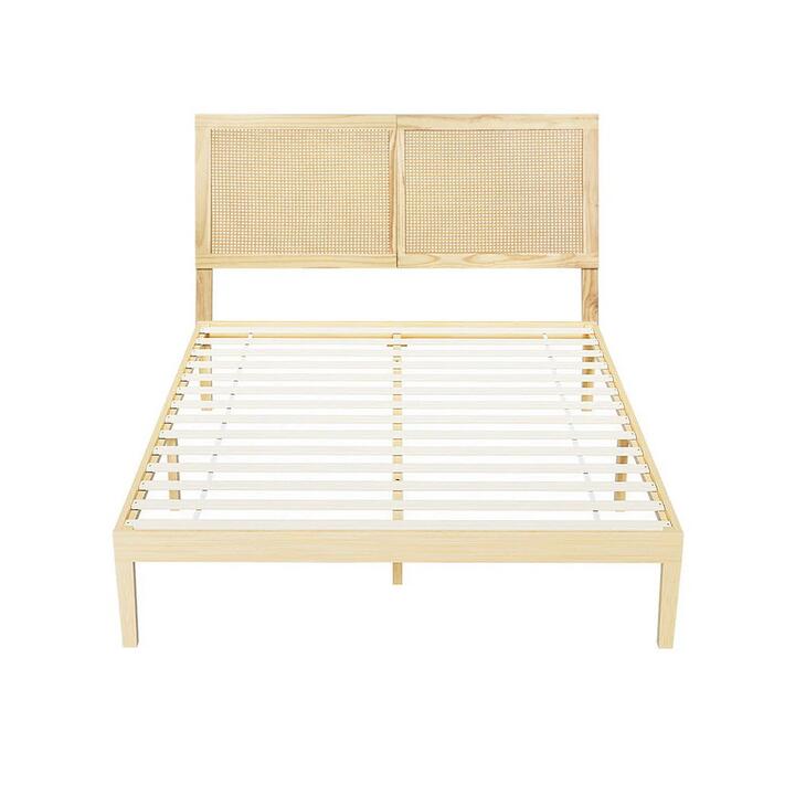 Bed Frame Double Size with Rattan Headboard Wooden Bed Base BRUNO