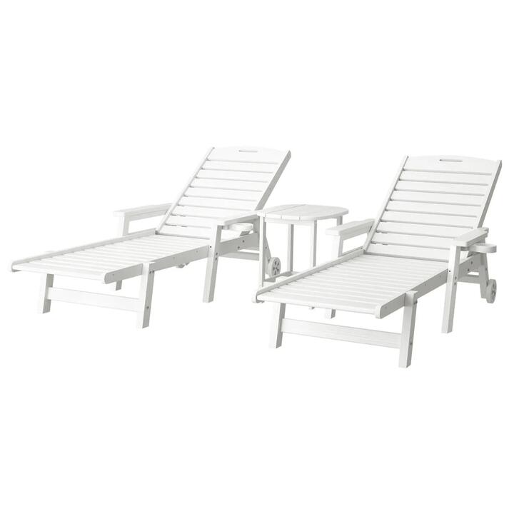 Sun Lounge Lounger Beach Chair HDPE Patio Outdoor Furniture with Wheels White