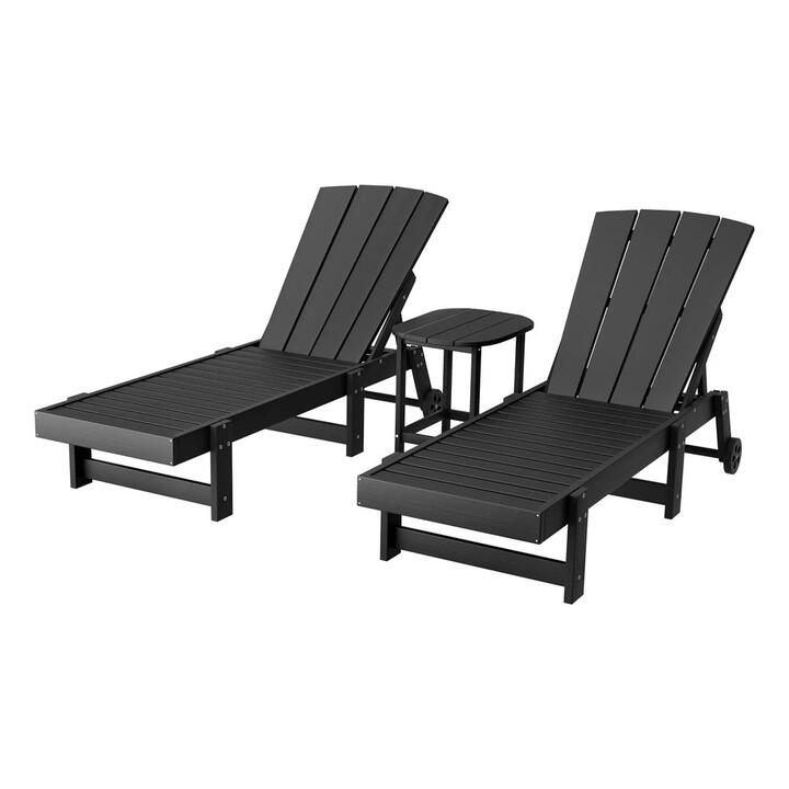 Sun Lounge Lounger Table and Chairs Beach Chair HDPE Patio Outdoor Furniture Wheels Black