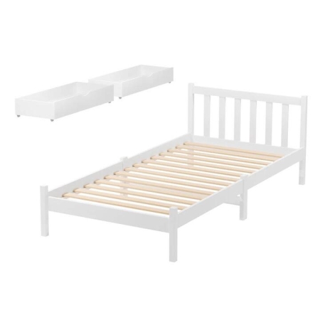 Bed Frame Single Size Wooden Platform with 2 Storage Drawers White SOFIE