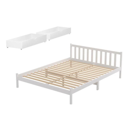 Bed Frame Double Size Wooden Platform with 2 Storage Drawers White SOFIE