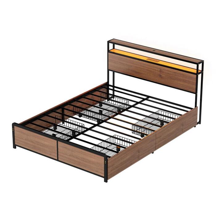 Metal Bed Frame Queen Size with 2-Tier Storage Headboard Metal Platform with 4 Storage Drawers Built in Charging Station & LED Noise-Free/Metal Support/No Box Spring Needed Vintage Brown