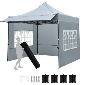 Costway10 x 10 FT Pop up Canopy Tent with Sidewalls and Awning with Sandbags-Grey