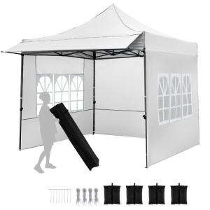 Costway10 x 10 FT Pop up Canopy Tent with Sidewalls and Awning with Sandbags-White