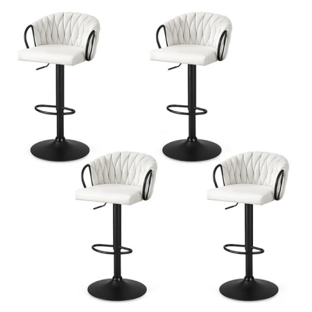 Bar Stool x4 Kitchen Dining Chair Counter Gaslift Woven Velvet Ivory
