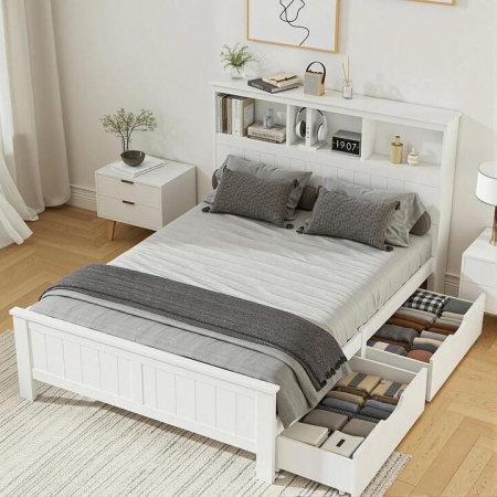 Bed Frame Double Size Wooden with 3 Shelves Bed Head White