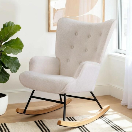 Rocking Armchair Nursing Chair Boucle Fabric White