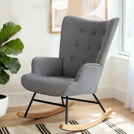 Rocking Armchair Nursing Chair Linen Fabric Grey