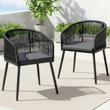 2PC Outdoor Dining Chairs Wicker Chair Patio Furniture Garden Steel Black