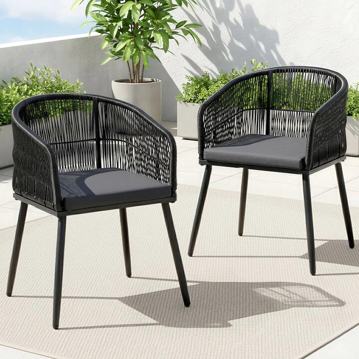2PC Outdoor Dining Chairs Wicker Chair Patio Furniture Garden Steel Black