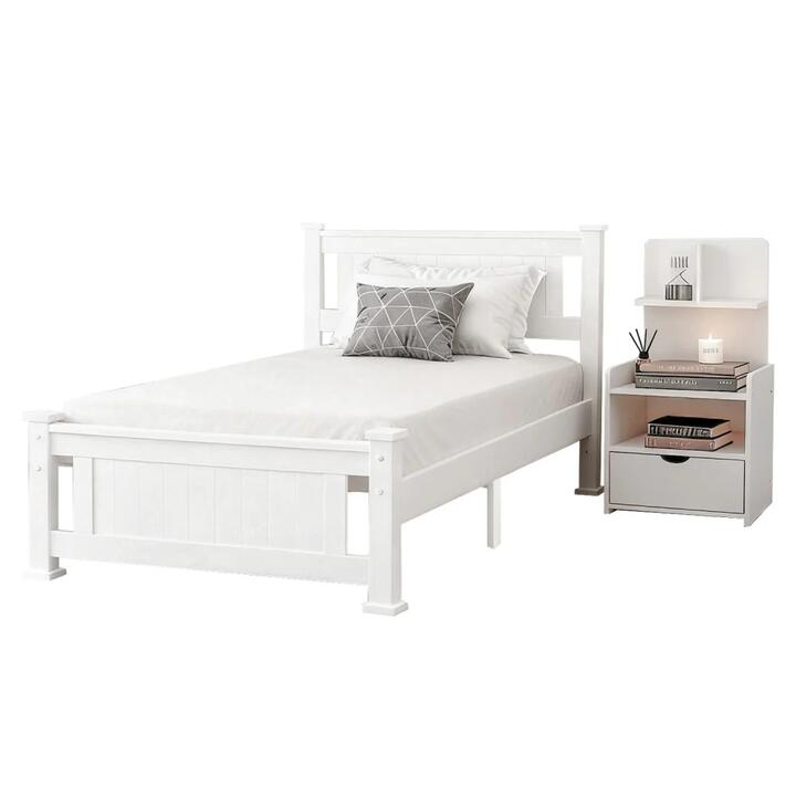 King Single Bed Frame and Bedside Table White