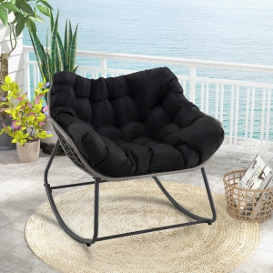 CostwayOutdoor Rocking Chair Oversized Patio PE Wicker Egg Chair with Thick and Removable Cushion-Black