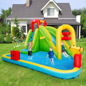 CostwayInflatable Water Slide with Climbing Wall and Water Gun for Indoor/Outdoor Play without Blower