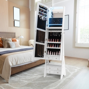 CostwayJewelry Mirror Armoire with Adjustable Tilt Angle and Large Capacity-White