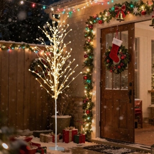 Costway155/186 CM Lighted Birch Tree Tree with 168 Warm-White LED Lights for Porch-1.86 M