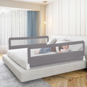 CostwayFoldable Mesh Bed Rail with Safety Straps for Toddlers-Grey