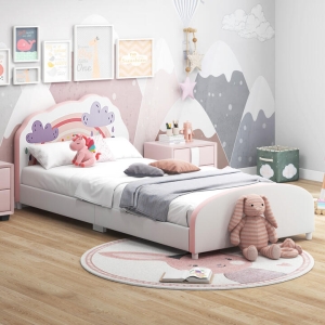 CostwayTwin Size Kids Wooden Upholstered Platform Bed with Astronaut/Unicorn/Cloud/Planet Pattern-Cloud