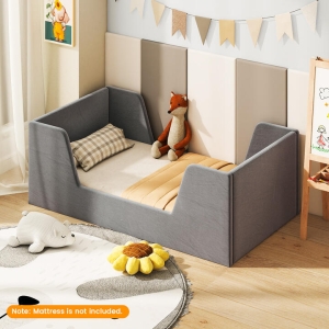 CostwayVelvet Fabric Children Floor Bed with Safety Rails and Headboard-Grey