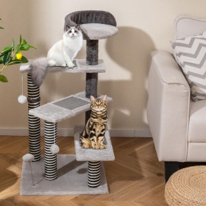 Costway93 CM Tall Cat Tree Kitten Tower with Sisal and Jute Scratching Posts-Grey