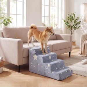 Costway3/4-tier Foam Dog Stairs with Non-Slip Bottom and Washable Flannel Cover-Grey-4-Tier