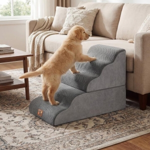 Costway4/5-step Dog Foam Stairs with Non-slip Bottom and Washable Cover-Grey-5 Tiers Costway4/5-step Dog Foam Stairs with Non-slip Bottom and Washable Cover-Grey-5 Tiers