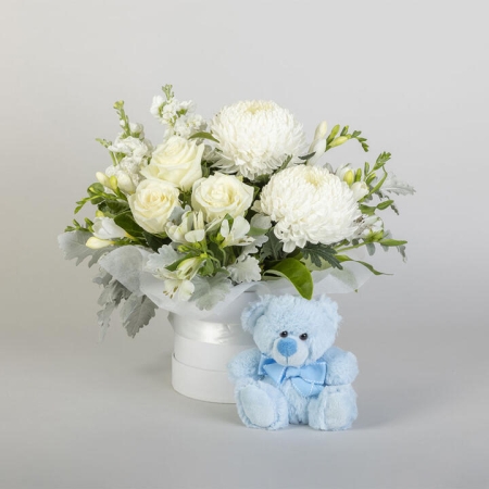 White Flower Arrangement With Teddy Bear | Interflora | Online Florist and Flower Delivery Across Australia